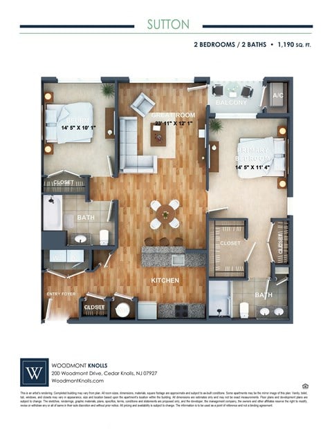 Floor plan for 2 beds, 2 baths, 1190 sqft